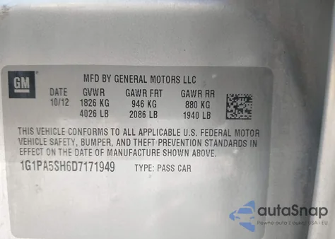 2013 Chevrolet Cruze Ls Auto из США, поврежденный, VIN 1G1PA5SH6D7171949